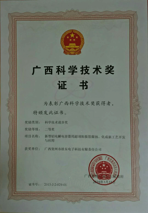 2016年3月廣西科學(xué)技術(shù)獎(jiǎng)二等獎(jiǎng)證書